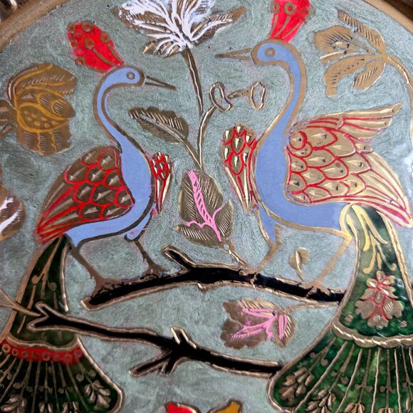 Vintage Brass Round Serving Tray with Enamel Peacock and Flowers Design. - Picture 2 of 6